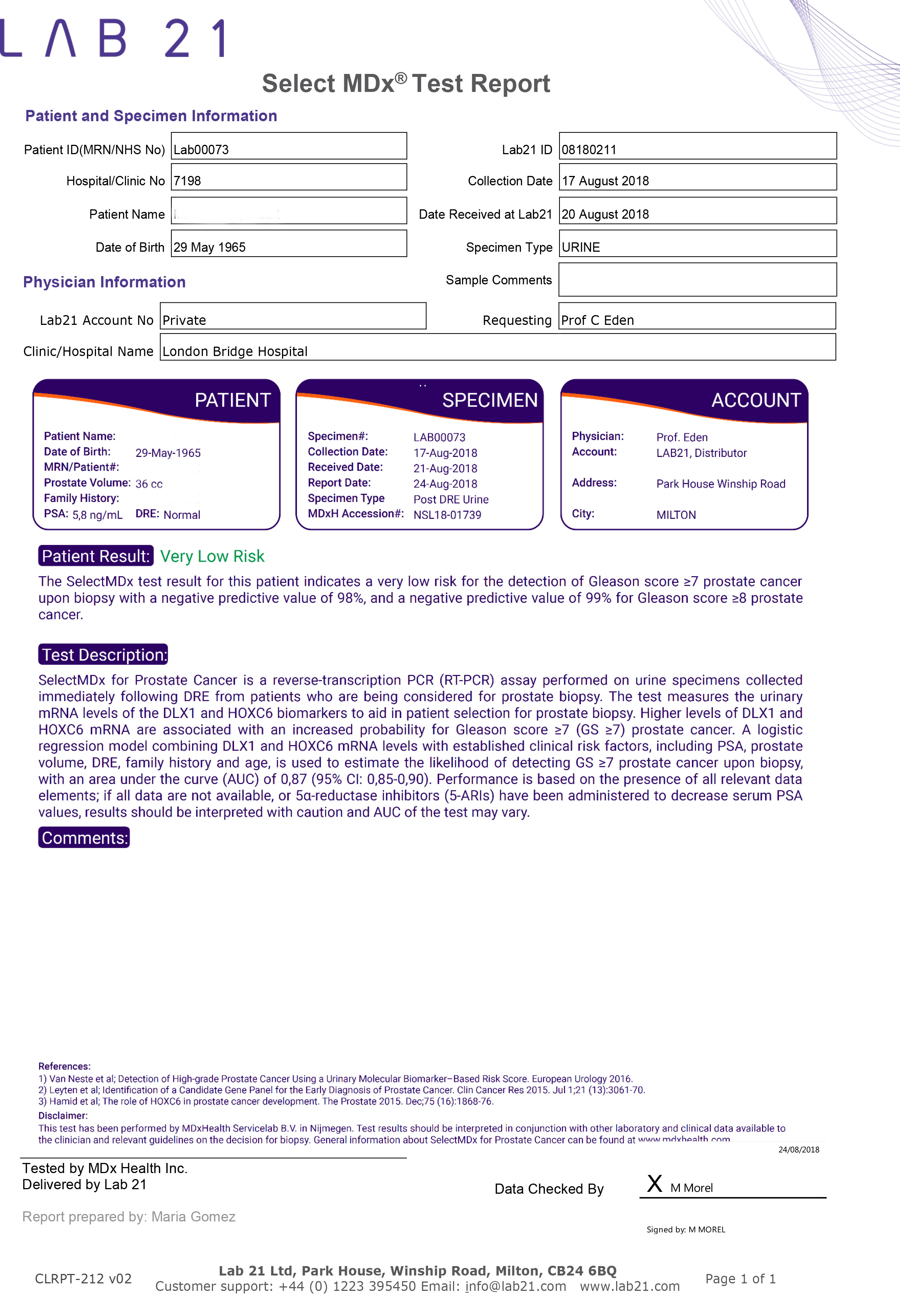 SelectMDX test - negative for prostate cancer