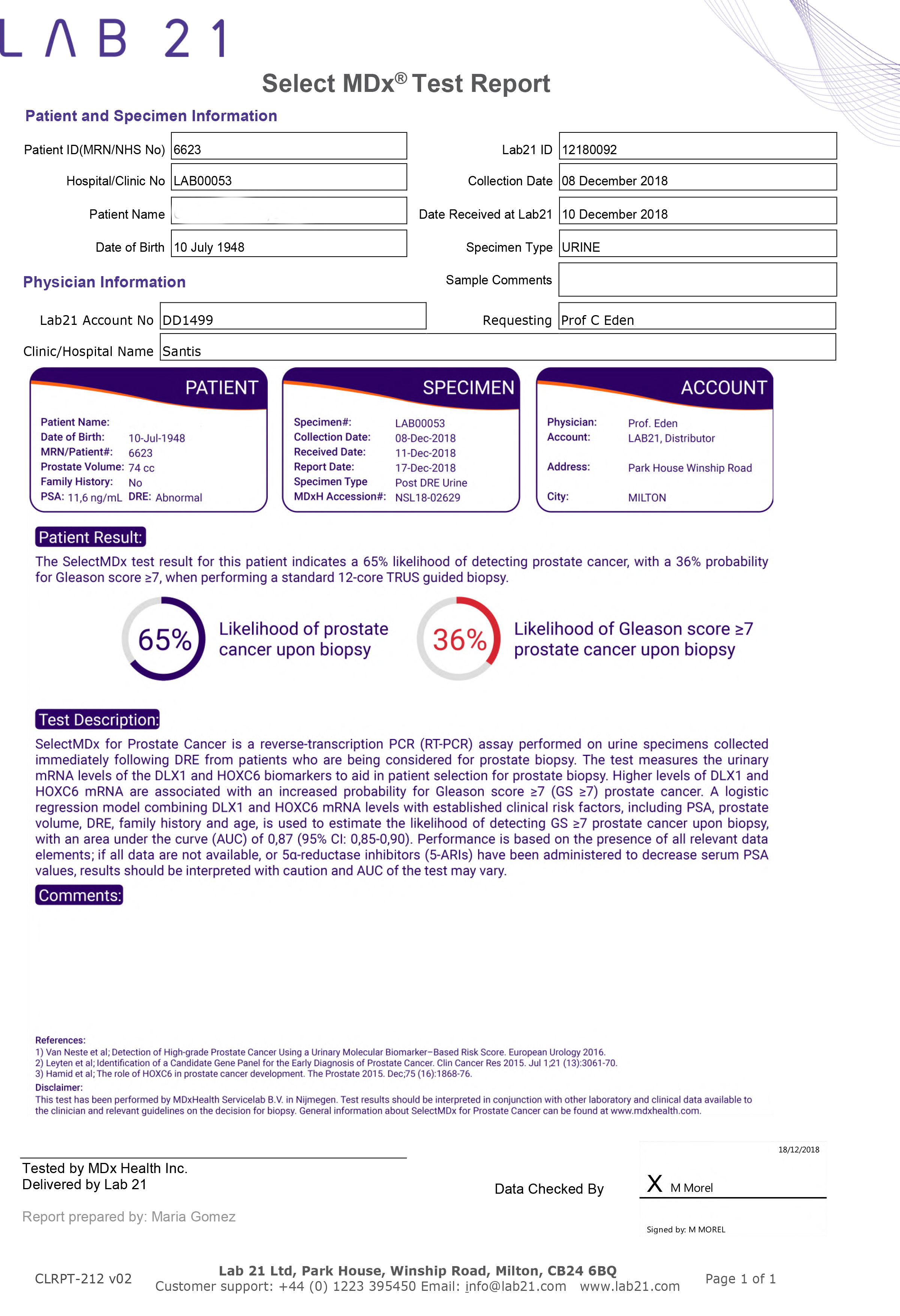 SelectMDX test report - positive for cancer